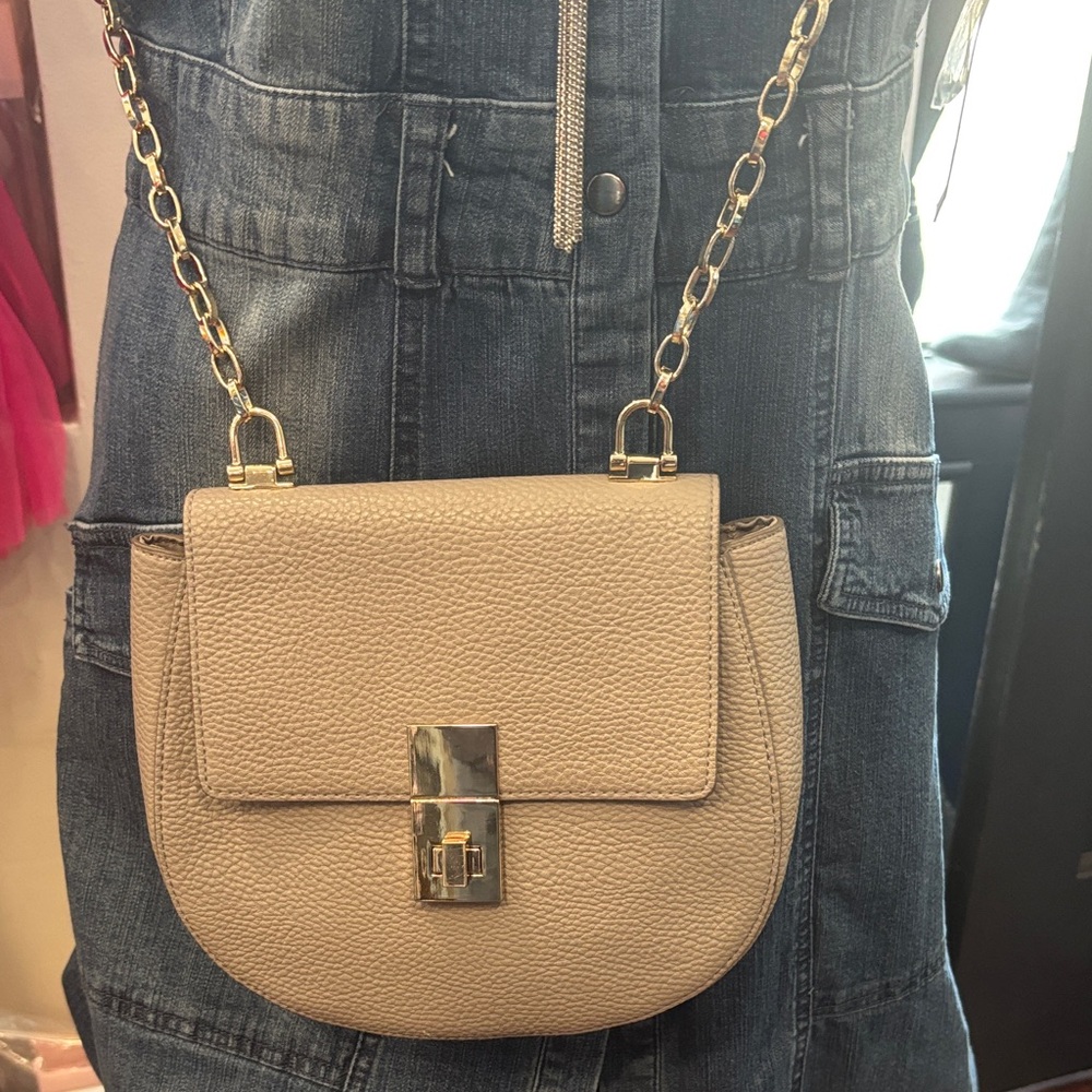 Express Taupe Pebbled Crossbody with Gold Chain